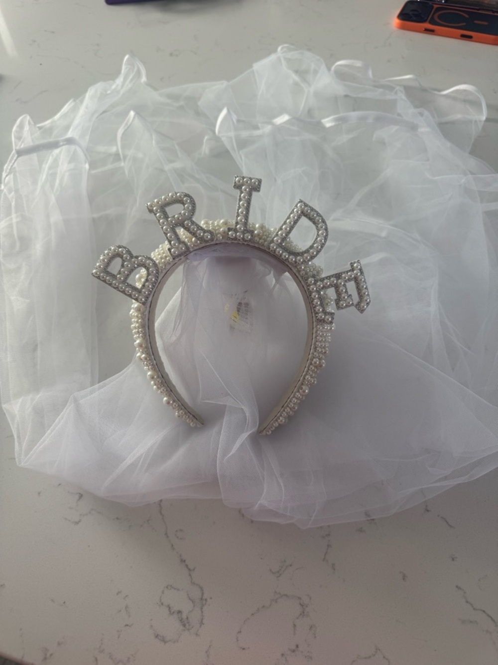 Bride Pearl Embellished Headband Veil - White